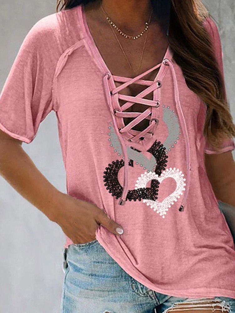 Camiseta Feminina Com Decote Em V Em Formato De Coração Manga Curta Solta