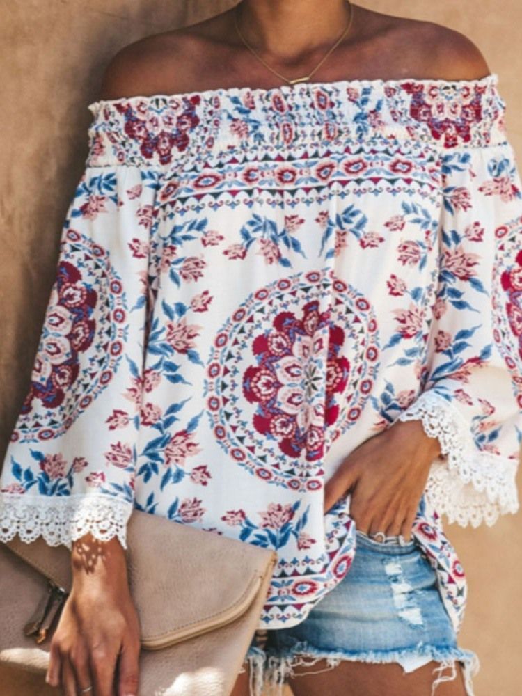 Camiseta Feminina Floral De Manga Comprida Sem Ombro Casual Solta