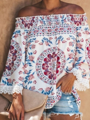 Camiseta Feminina Floral De Manga Comprida Sem Ombro Casual Solta