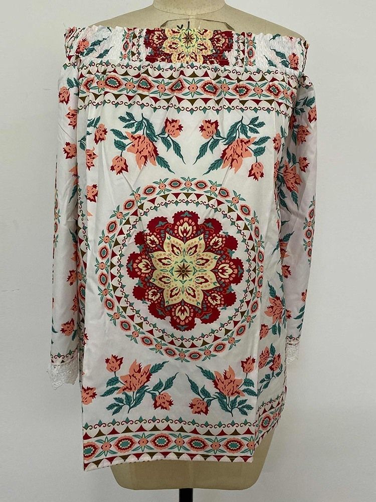 Camiseta Feminina Floral De Manga Comprida Sem Ombro Casual Solta