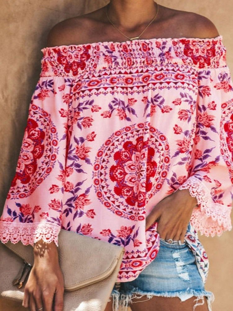 Camiseta Feminina Floral De Manga Comprida Sem Ombro Casual Solta