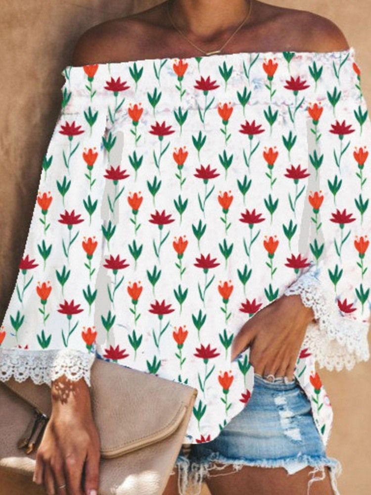 Camiseta Feminina Floral De Manga Comprida Sem Ombro Casual Solta