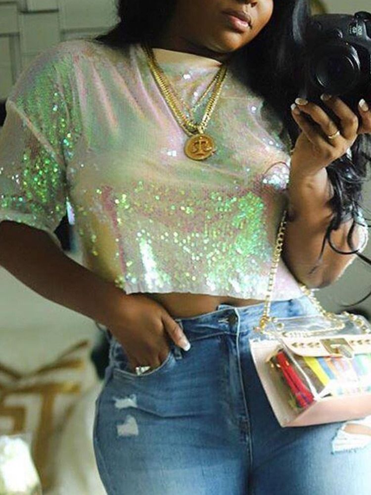 Camiseta Feminina De Meia Manga Em Volta Do Pescoço Curto