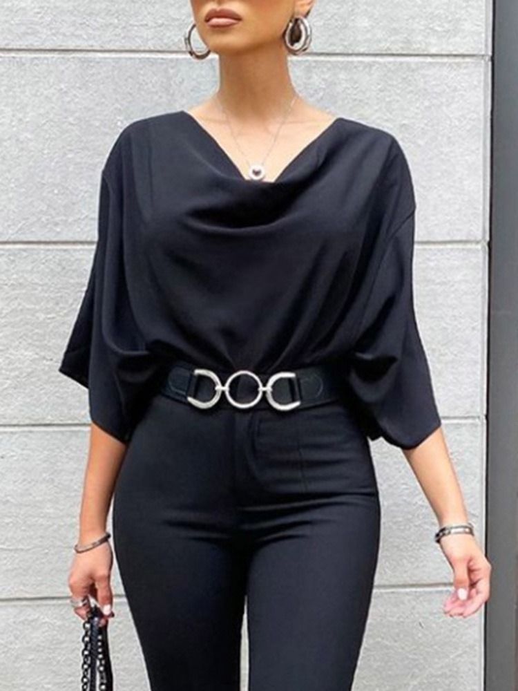 Camiseta Feminina Preta Curta Simples Manga Três Quartos Simples Solta