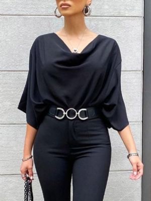 Camiseta Feminina Preta Curta Simples Manga Três Quartos Simples Solta