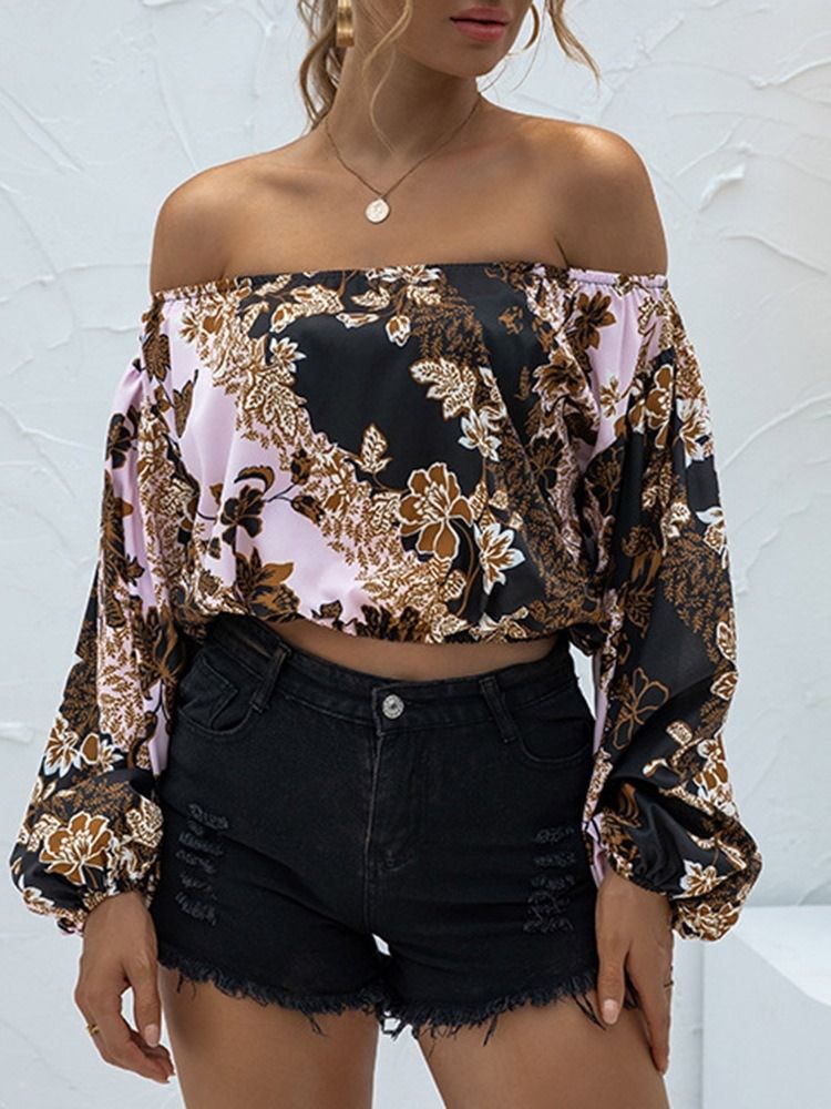 Camiseta Feminina Vintage Floral De Manga Comprida Sem Ombro