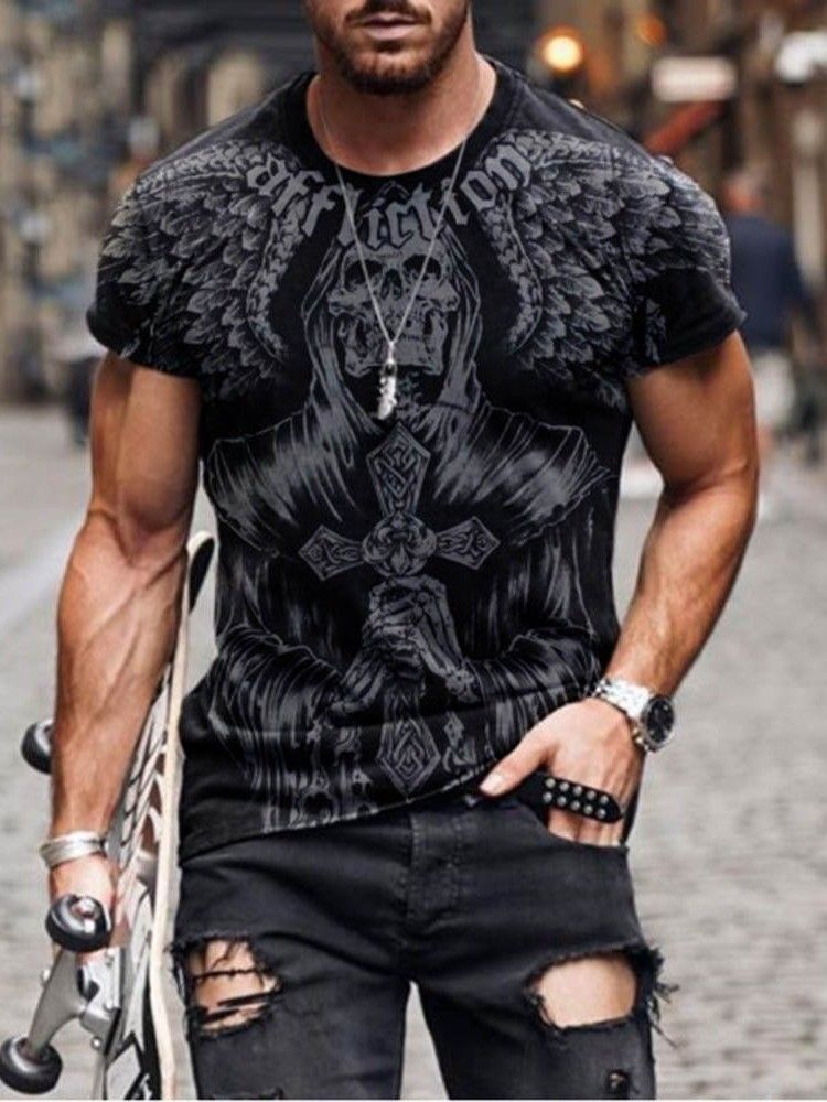 Camiseta Masculina Casual Com Estampa De Crânio E Pulôver Fino