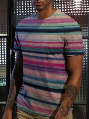 Camiseta Masculina Listrada Com Estampa De Gola Redonda E Manga Curta
