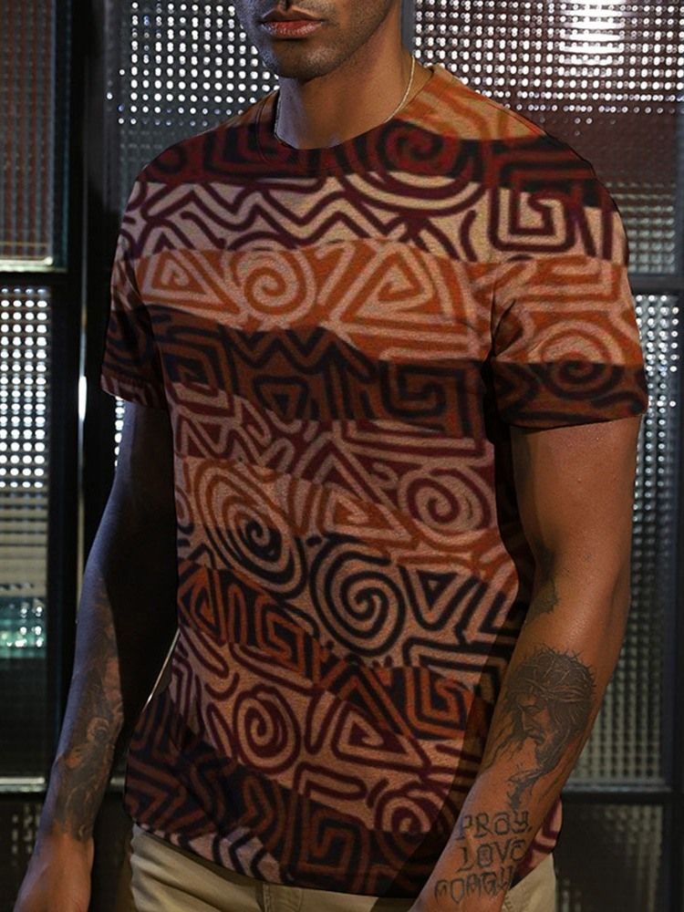 Camiseta Masculina De Manga Curta Estampa Marrom Redondo Pescoço Pulôver