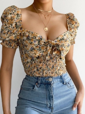 Camiseta Slim Feminina Feminina Com Gola Quadrada Floral Curta De Verão