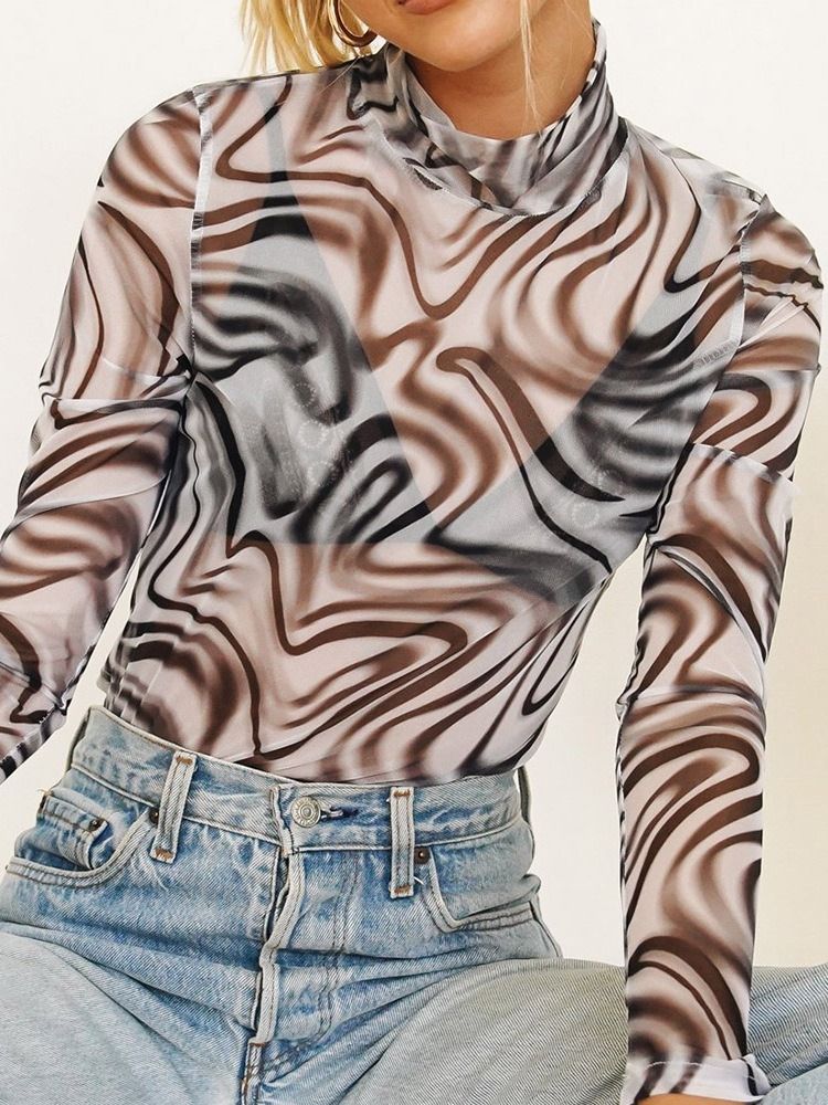 Camiseta Slim Feminina De Manga Longa Geométrica Curta