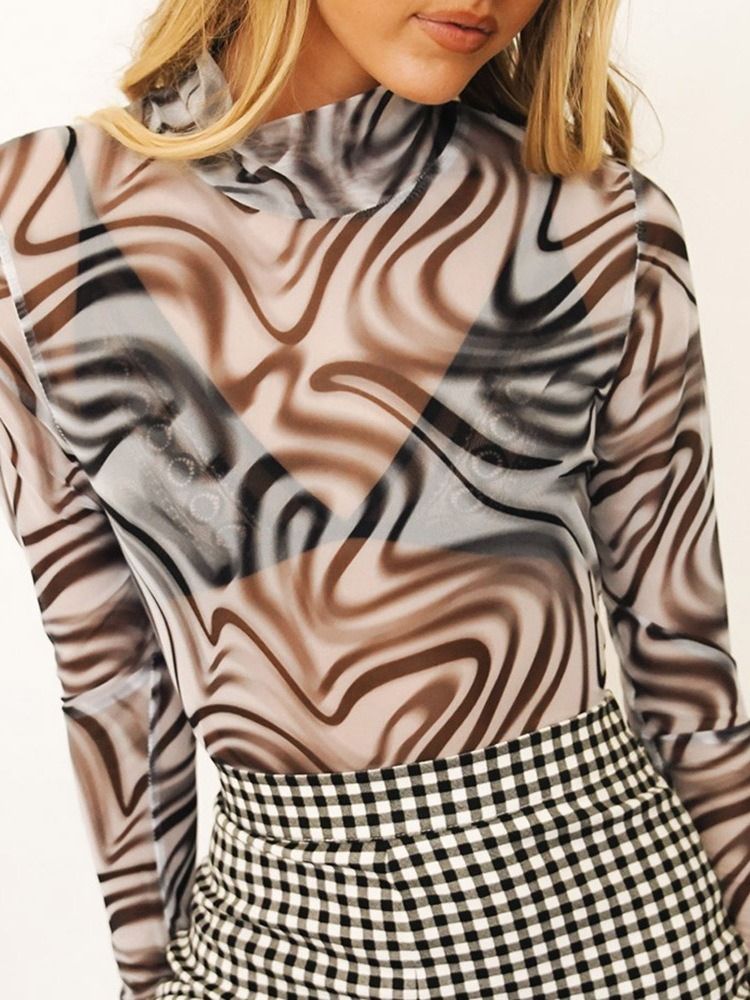 Camiseta Slim Feminina De Manga Longa Geométrica Curta