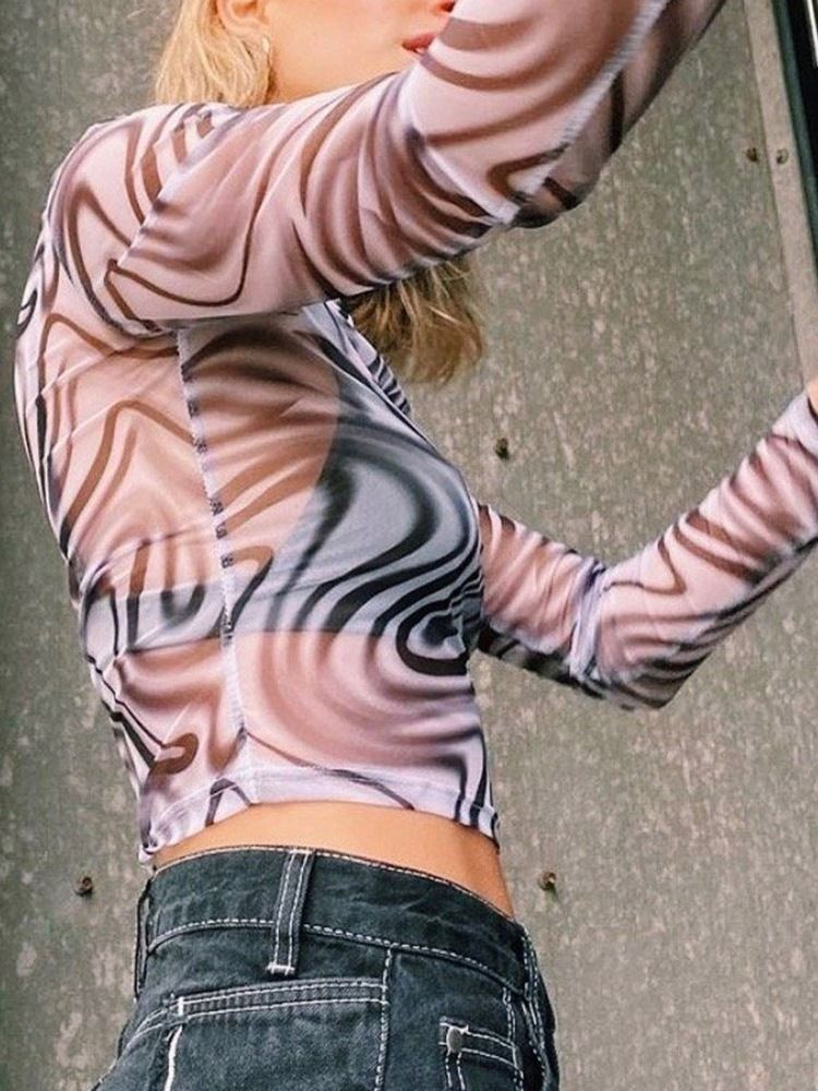 Camiseta Slim Feminina De Manga Longa Geométrica Curta