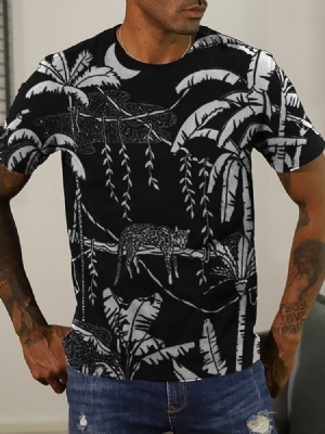 Camiseta Slim Masculina De Manga Curta Com Estampa De Folha Redonda