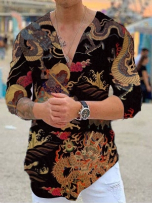 Camiseta Slim Masculina De Manga Três Quartos Com Decote Em V Assimétrico