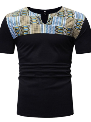 Decote Em V Color Block Casual Manga Curta Camiseta Slim Mens