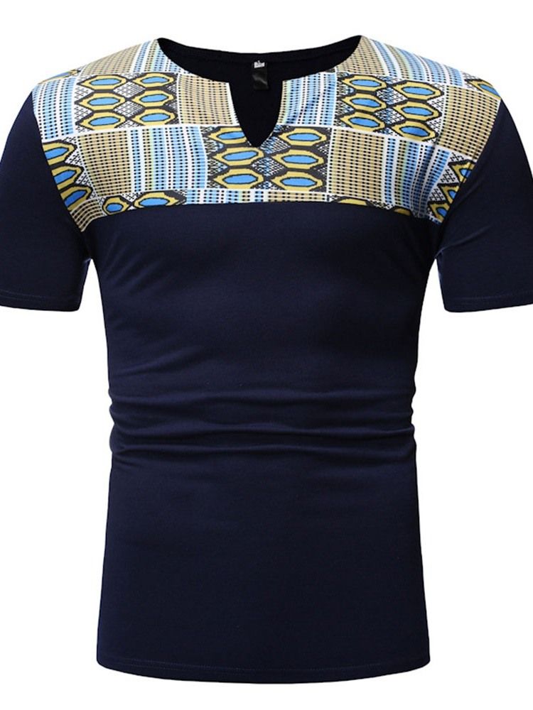 Decote Em V Color Block Casual Manga Curta Camiseta Slim Mens