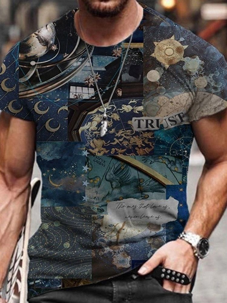 Estampa Pulôver Redondo Decote Casual Manga Curta Camiseta Masculina