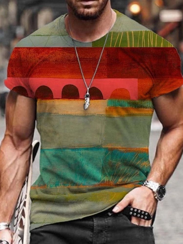 Estampa Pulôver Redondo Decote Casual Manga Curta Camiseta Masculina