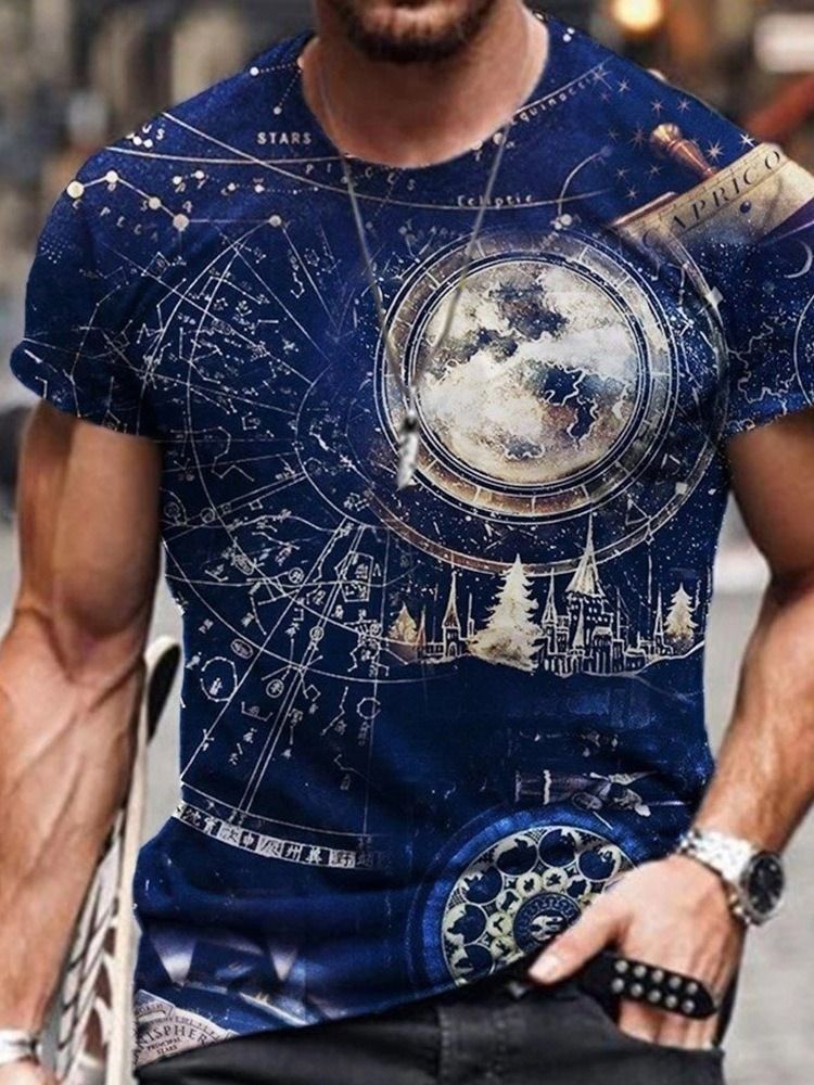Estampa Pulôver Redondo Decote Casual Manga Curta Camiseta Masculina