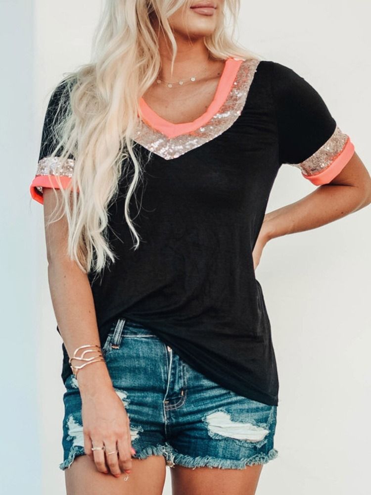 Gola Em V Padrão Cor Bloco Feminino Camiseta Casual De Verão