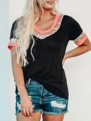 Gola Em V Padrão Cor Bloco Feminino Camiseta Casual De Verão