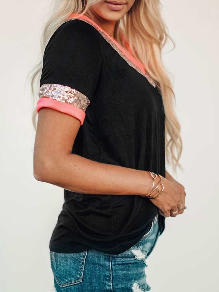 Gola Em V Padrão Cor Bloco Feminino Camiseta Casual De Verão