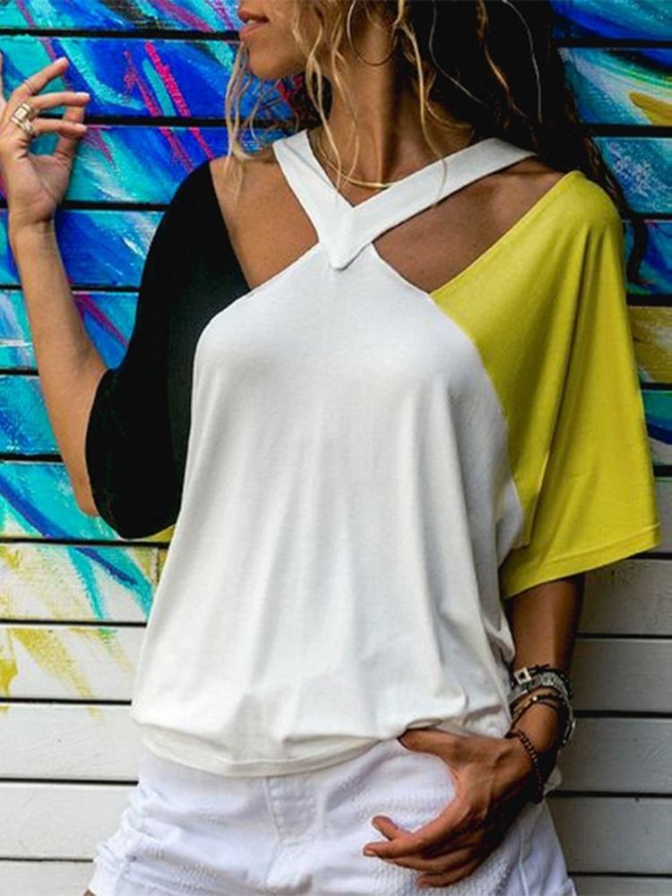 Gola Redonda Meia Manga Cor Block Camiseta Moda Feminina