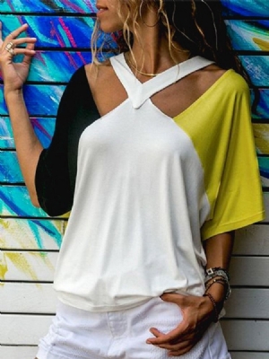 Gola Redonda Meia Manga Cor Block Camiseta Moda Feminina