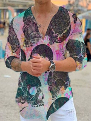 Impressão De Camiseta Masculina Slim Com Decote Em V E Manga Três Quartos