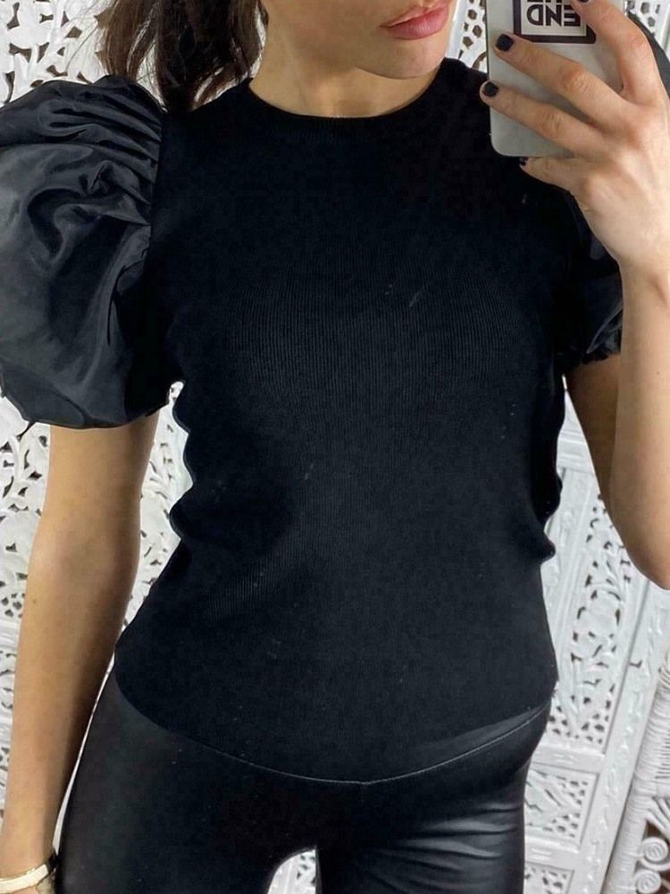 Liso Padrão Redondo Decote Redondo Camiseta Feminina Slim