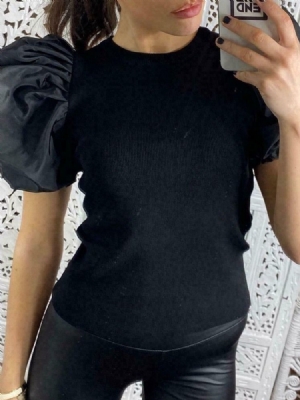 Liso Padrão Redondo Decote Redondo Camiseta Feminina Slim