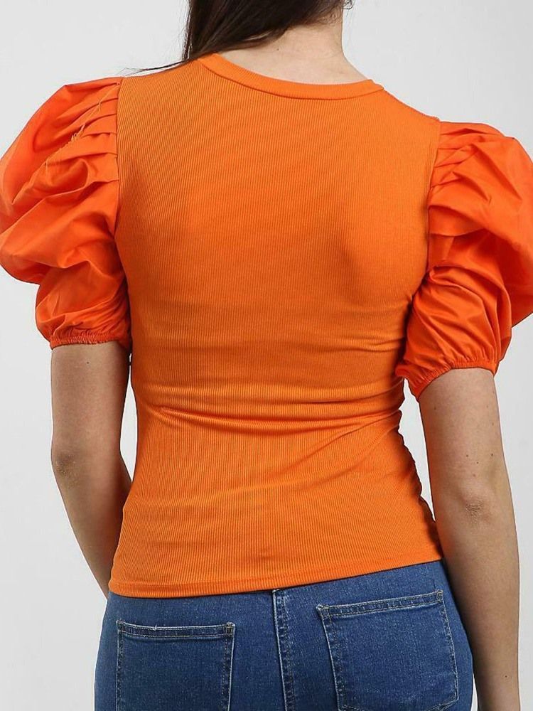 Liso Padrão Redondo Decote Redondo Camiseta Feminina Slim
