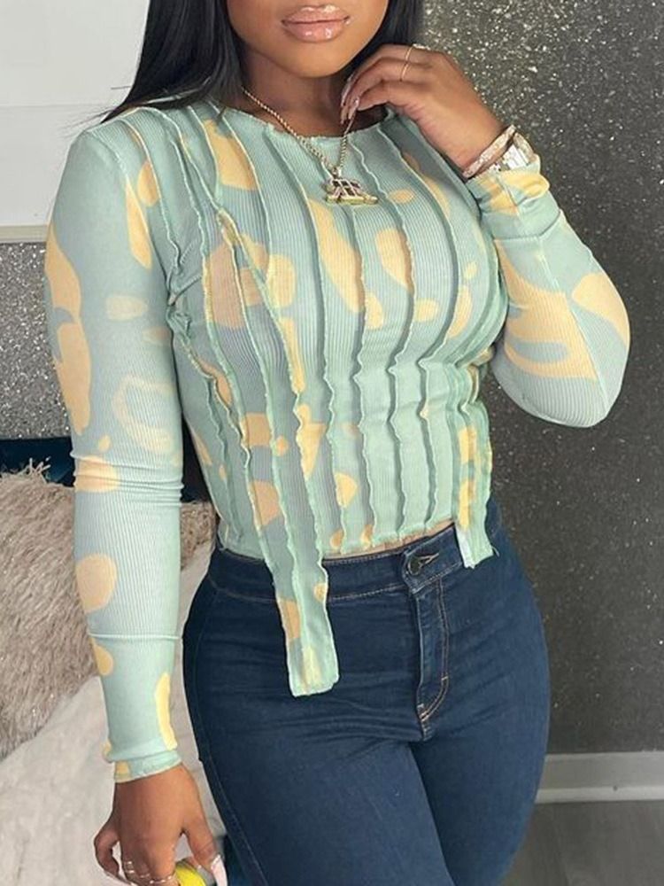 Manga Comprida Color Block Short Slim Office Lady Camiseta Feminina