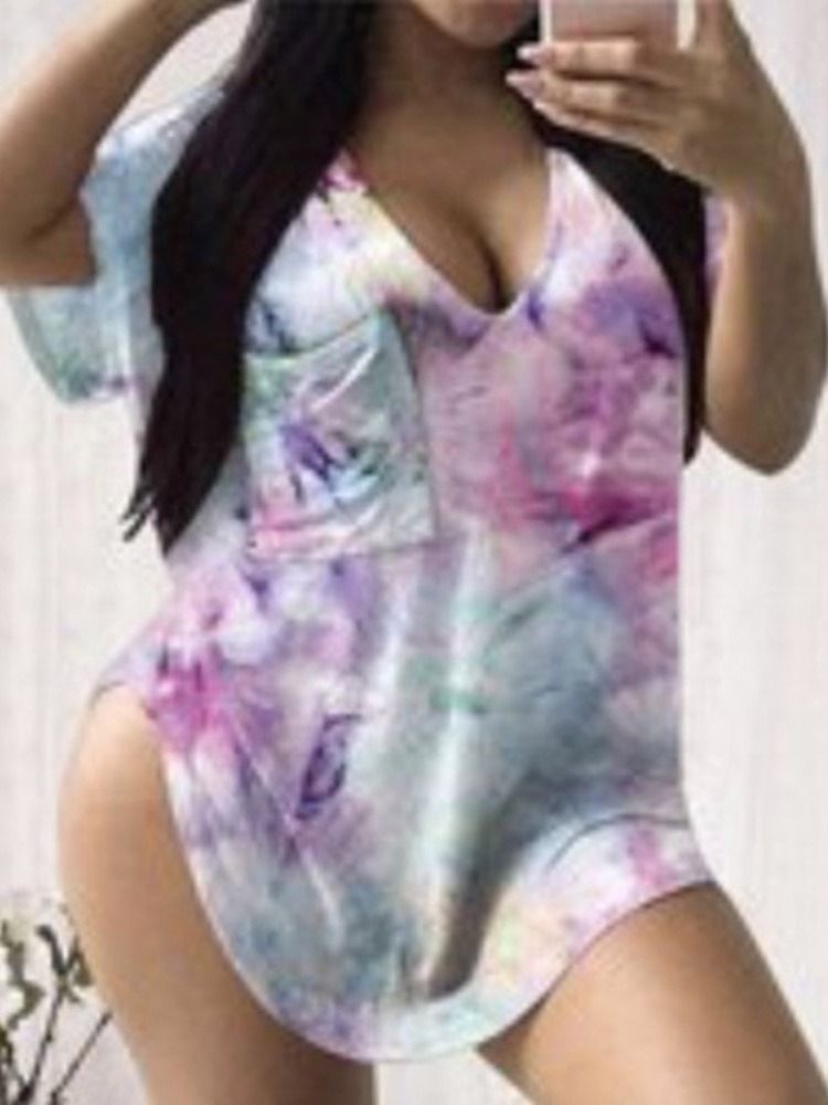 Manga Curta Com Decote Em V Gradiente Camiseta Feminina Casual