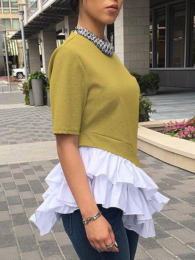 Manga Curta Lisa Em Volta Do Pescoço Camiseta Feminina Elegante