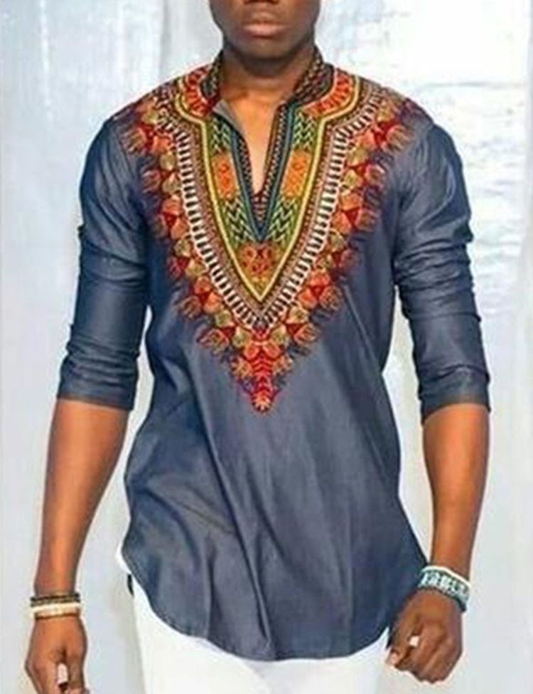 Moda Africana Dashiki Imprimir Cor Bloco Com Decote Em V Camiseta Slim Masculina