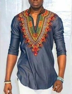 Moda Africana Dashiki Imprimir Cor Bloco Com Decote Em V Camiseta Slim Masculina