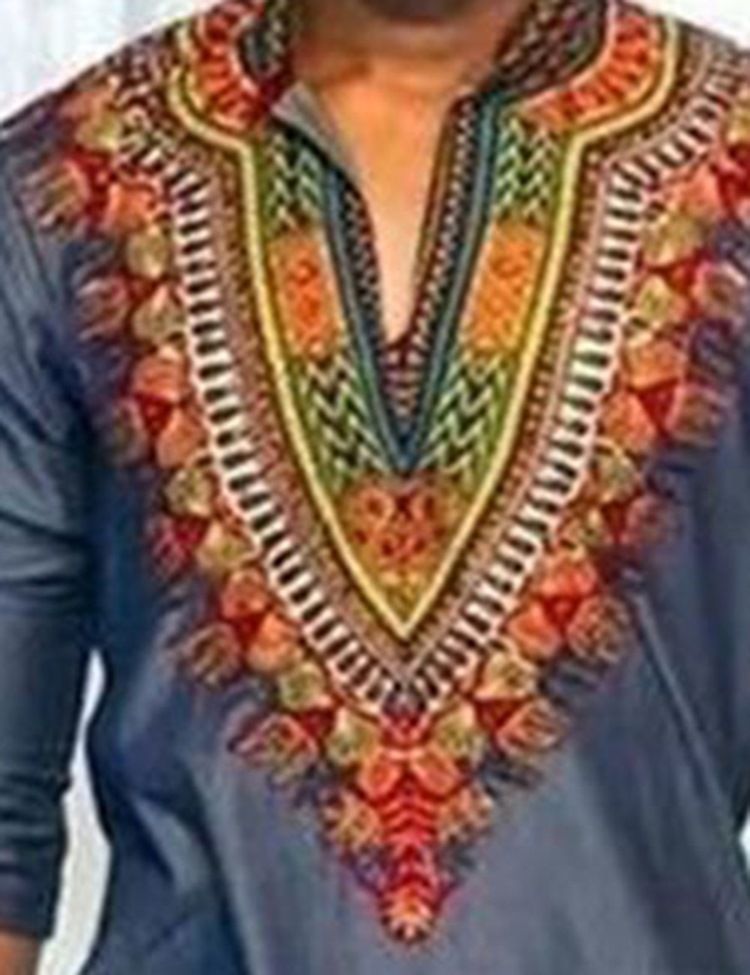Moda Africana Dashiki Imprimir Cor Bloco Com Decote Em V Camiseta Slim Masculina