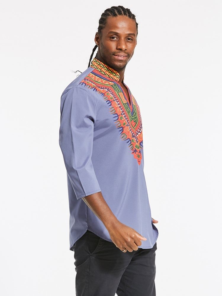Moda Africana Dashiki Imprimir Cor Bloco Com Decote Em V Camiseta Slim Masculina