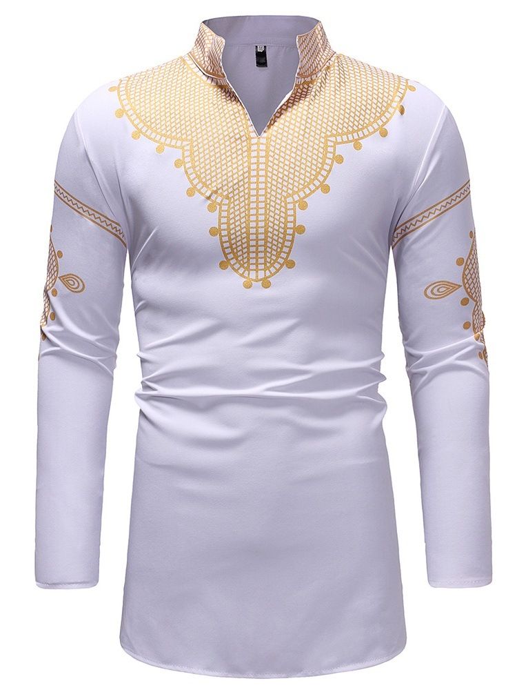 Moda Africana Dashiki Stand Collar Gola Em V Camiseta Masculina Casual