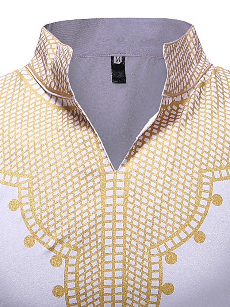 Moda Africana Dashiki Stand Collar Gola Em V Camiseta Masculina Casual