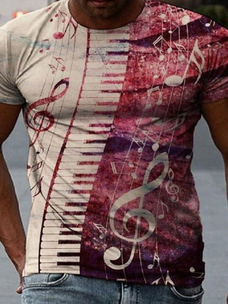 Note Print Redondo Pescoço Pulôver Casual Masculino Camiseta Slim