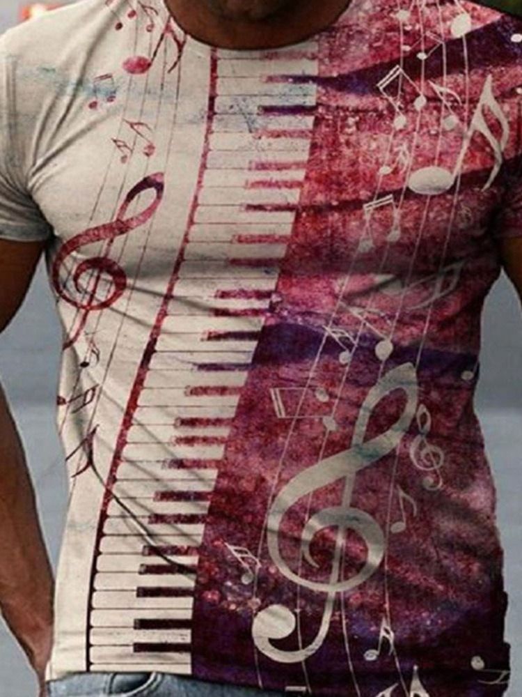 Note Print Redondo Pescoço Pulôver Casual Masculino Camiseta Slim