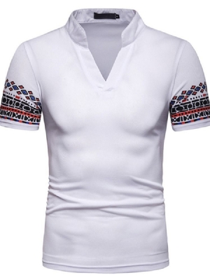 Patchwork Impressão Geométrica Stand Collar Mens Polo Shirt