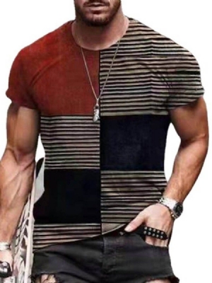 Pulôver De Gola Redonda Listrada De Manga Curta Camiseta Masculina