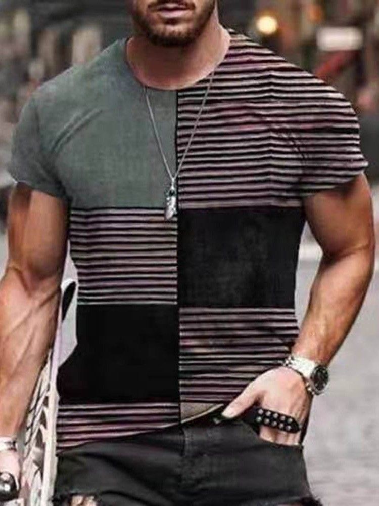 Pulôver De Gola Redonda Listrada De Manga Curta Camiseta Masculina