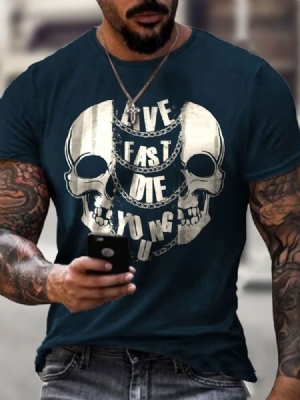 Skull Print Casual Skull Manga Curta Camiseta Slim Masculina