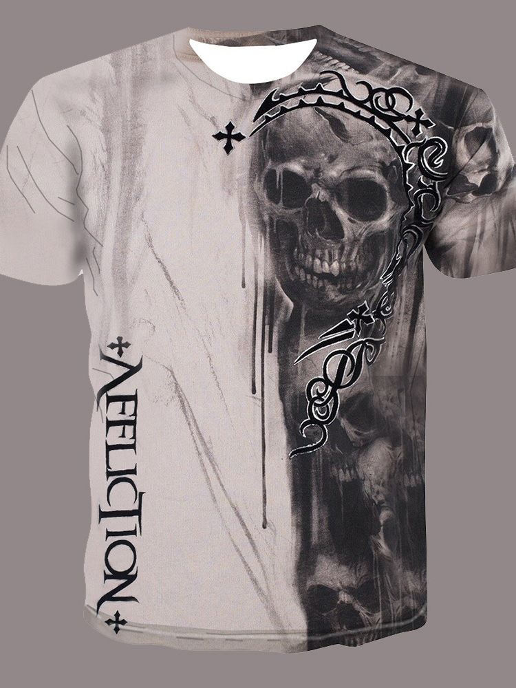 T-shirt Masculina Com Estampa De Crânio E Gola Redonda Com Estampa De Pulôver De Manga Curta