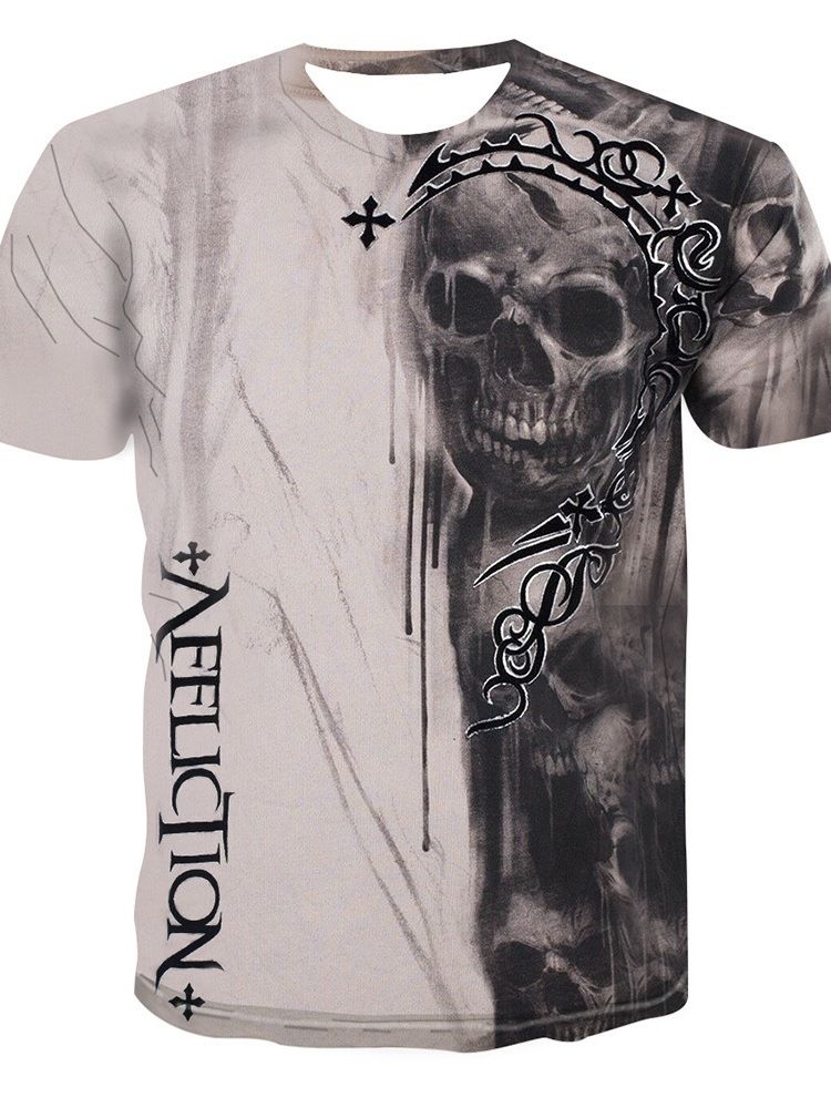 T-shirt Masculina Com Estampa De Crânio E Gola Redonda Com Estampa De Pulôver De Manga Curta